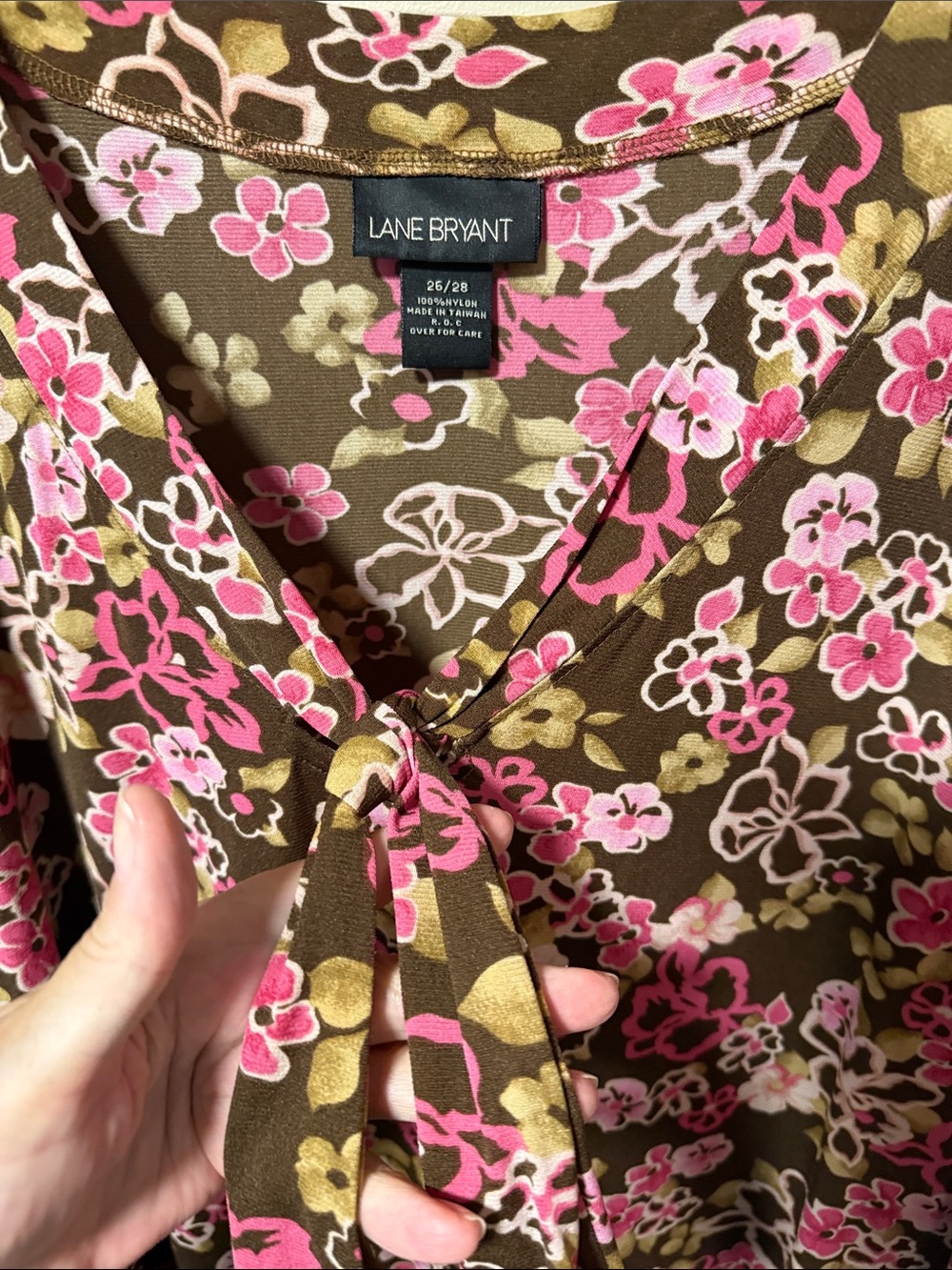 Lane Bryant Brown & Pink Floral Long-Sleeve Tie-Front Top - Picture 2 of 10